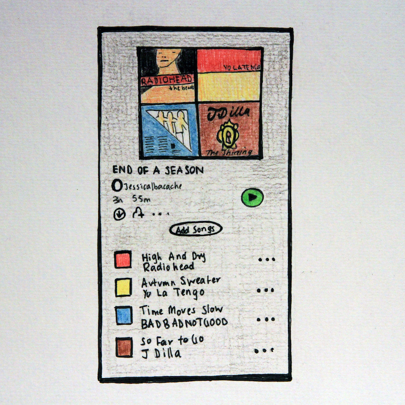 A drawing of a phone, which displays a Spotify playlist made by Jessica. Tracks include, 